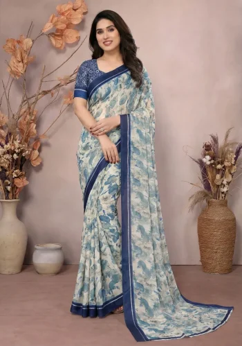 FANCY MOSS SATIN PRINTED WORK SAREE WITH UNSTITCHED BLOUSE BLUE