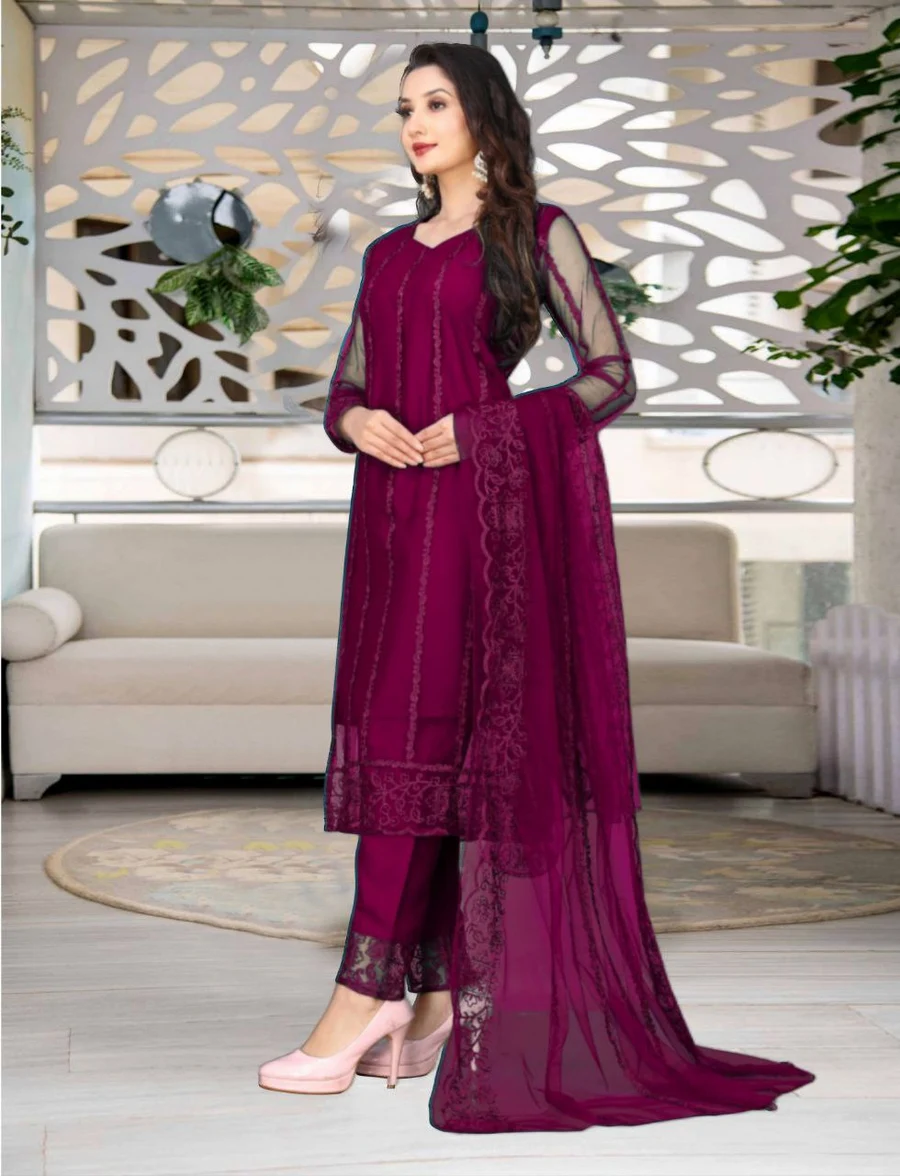 2FANCY NET EMBROIDERY WORK TOP BOTTOM WITH DUPATTA FESTIVE WEAR WHOLESALE PRICE ETHNIC GARMENT (19)