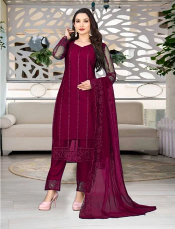 FANCY NET EMBROIDERY WORK TOP BOTTOM WITH DUPATTA WINE