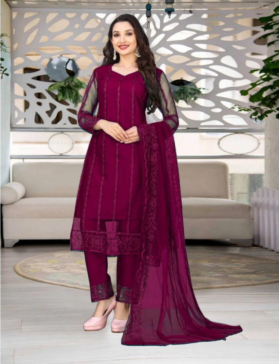 2FANCY NET EMBROIDERY WORK TOP BOTTOM WITH DUPATTA FESTIVE WEAR WHOLESALE PRICE ETHNIC GARMENT (22)