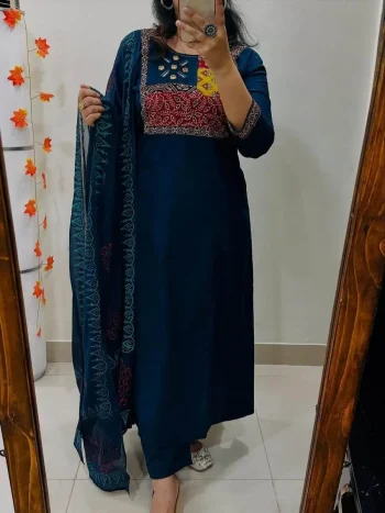 FANCY RAYON MIRROR WORK TOP BOTTOM WITH DUPATTA TEAL