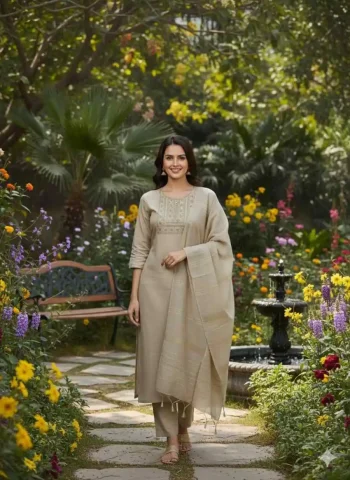 FANCY SLUB COTTON EMBROIDERY WORK TOP BOTTOM WITH DUPATTA CREAM