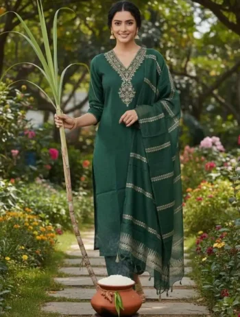 FANCY SLUB COTTON EMBROIDERY WORK TOP BOTTOM WITH DUPATTA GREEN