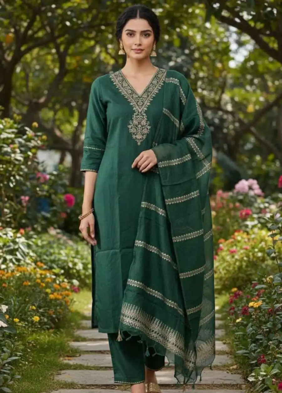 2FANCY SLUB COTTON EMBROIDERY WORK TOP BOTTOM WITH DUPATTA FESTIVE WEAR WHOLESALE PRICE ETHNIC GARMENT (7)