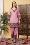 FANCY TESLA COTTON SLUB EMBROIDERY WORK CO-ORD SET PINK
