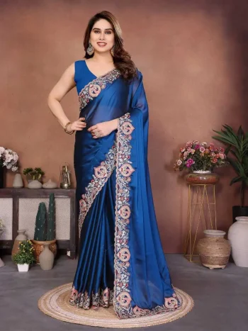 LATEST CRUSH SILK EMBROIDERY WITH CUTWORK BORDER WORK SAREE WITH UNSTITCHED BLOUSE BLUE