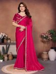 MODERN FENDY CHIFFON BEADS EMBROIDERY LACE BORDER WORK SAREE WITH UNSTITCHED BLOUSE RANI