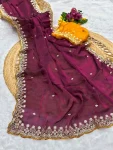 MODERN FENDY SATIN EMBROIDERY SEQUENCE WORK BORDER WITH BUTTI WORK SAREE WITH STITCHED BLOUSE WINE