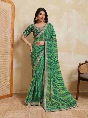 MODERN GEORGETTE LAHERIYA BANDHEJ PRINT WITH LACE BORDER WORK SAREE WITH UNSTITCHED BLOUSE GREEN