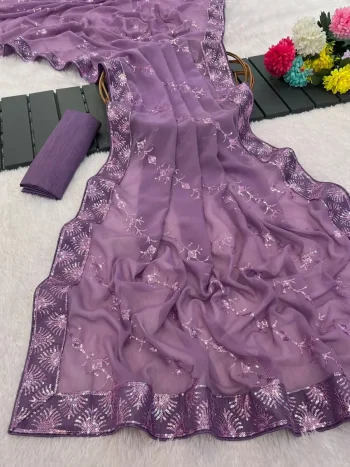 MODERN GEORGETTE SILK SEQUENCE WORK ALL OVER WITH PIPING BORDER WORK SAREE WITH UNSTITCHED BLOUSE LAVENDER