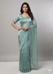 MODERN GMY SILK HANDWORK COLORFUL LACE BORDER WORK SAREE WITH UNSTITCHED BLOUSE SKY