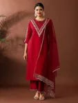 MODERN ROMAN EMBROIDERY WORK TOP BOTTOM WITH DUPATTA RED