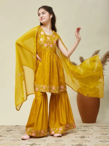 MODERN SILK BLEND EMBROIDERY WORK TOP SHARARA WITH DUPATTA YELLOW