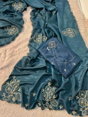 MODERN SILK HANDWORK CUT DANA WITH ZARKAN DIAMOND CUT WORK BORDER WORK SAREE WITH UNSTITCHED BLOUSE TEAL