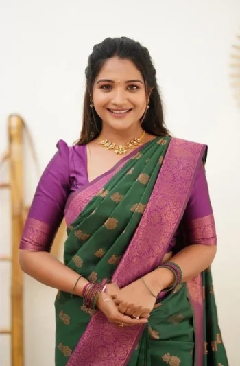 MOST PICKED LICHI SILK JACQUARD WORK SAREE WITH UNSTITCHED BLOUSE GREEN