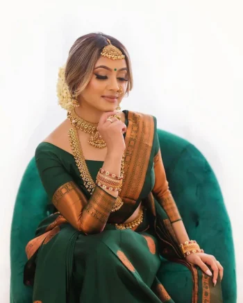 MOST PICKED LICHI SILK JACQUARD WORK SAREE WITH UNSTITCHED BLOUSE GREEN