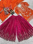 NEW ARRIVAL CHINON EMBROIDERY CODING SEQUENCE WORK TOP PALAZZO WITH DUPATTA ORANGE AND PINK