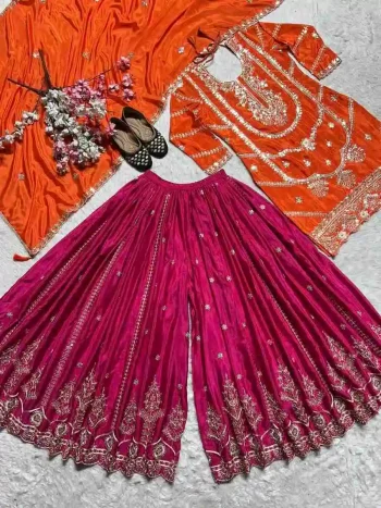 NEW ARRIVAL CHINON EMBROIDERY CODING SEQUENCE WORK TOP PALAZZO WITH DUPATTA ORANGE AND PINK