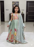 NEW ARRIVAL CHINON SILK POSITION PRINT FOIL WORK KID'S GOWN WITH DUPATTA SKY