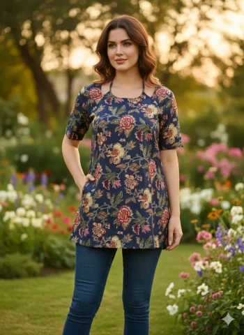 NEW ARRIVAL COTTON FLORAL PRINT WORK ONLY TOP NAVY BLUE