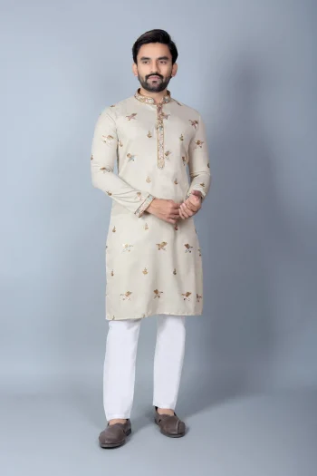 NEW ARRIVAL KHADI SILK THREAD WORK MEN'S KURTA PAYJAMA OFF WHITE