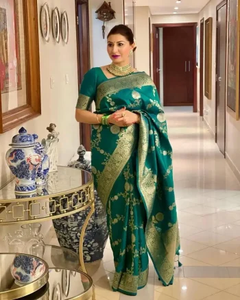 NEW ARRIVAL LICHI SILK RICH PALLU & JACQUARD WORK SAREE WITH UNSTITCHED BLOUSE GREEN