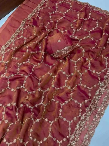 NEW ARRIVAL MOSS SILK SEQUENCE EMBROIDERY WORK WITH CUT BORDER WORK SAREE WITH UNSTITCHED BLOUSE PEACH
