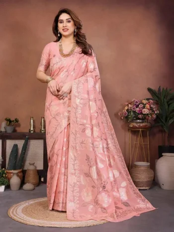 NEW ARRIVAL PASHMINA SILK KASHMIRI THREAD WOVEN PALLU WITH HEAVY RAJWADI ZARI WEAVING WORK SAREE WITH UNSTITCHED BLOUSE PEACH