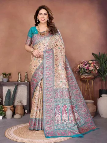 NEW ARRIVAL PASHMINA SILK KASHMIRI THREAD WOVEN PALLU WITH HEAVY RAJWADI ZARI WEAVING WORK SAREE WITH UNSTITCHED BLOUSE CREAM AND SKY