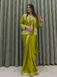 RICH LOOK CREPE EMBROIDERY SEQUENCE CODING WORK READY TO WEAR SAREE WITH BLOUSE AND KOTI PARROT GREEN