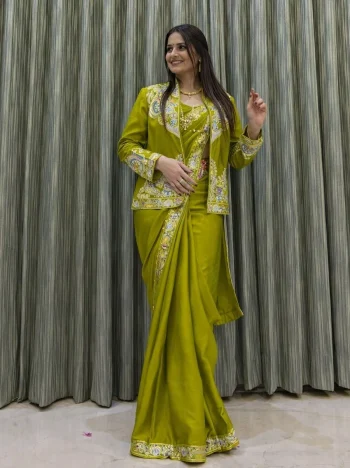 RICH LOOK CREPE EMBROIDERY SEQUENCE CODING WORK READY TO WEAR SAREE WITH BLOUSE AND KOTI PARROT GREEN