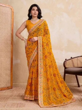 RICH LOOK GEORGETTE BANDHEJ PRINT WITH CUTWORK LACE BORDER WORK SAREE WITH UNSTITCHED BLOUSE YELLOW