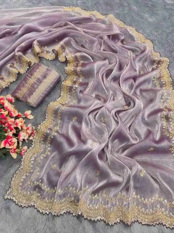 RICH LOOK GMY CHIFFON SILK SEQUENCE WORK SAREE WITH UNSTITCHED BLOUSE LAVENDER