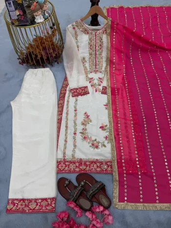 RICH LOOK GMY SILK EMBROIDERY SEQUENCE WORK WITH RIVET MOTI WORK TOP BOTTOM WITH DUPATTA WHITE AND PINK
