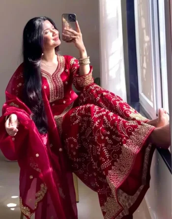 RICH LOOK JIMMY CHOO EMBROIDERY 3MM SEQUENCE & CODING DORI WORK WITH MOTI HAND WORK TOP PALAZZO WITH DUPATTA RANI