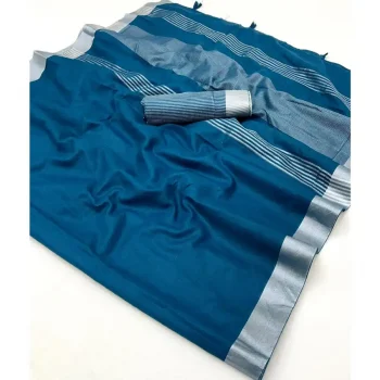 RICH LOOK LINEN COTTON PLAIN WITH EXTRA ZALAR WORK SAREE WITH UNSTITCHED BLOUSE TEAL