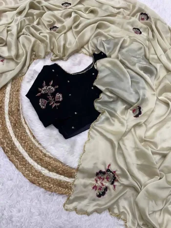 RICH LOOK RANGOLI SILK CUTDANA, MOTI AND RESHAM THREAD WORK SAREE WITH UNSTITCHED BLOUSE CREAM