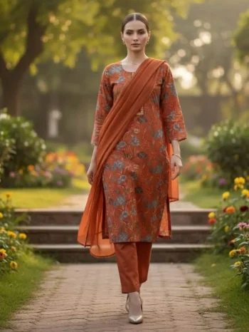 RICH LOOK RAYON SLUB DIGITAL PRINTED TOP BOTTOM WITH DUPATTA ORANGE