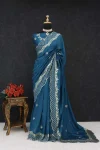 RICH LOOK VICHITRA SILK SEQUENCE THREAD EMBROIEDRY WORK SAREE WITH UNSTITCHED BLOUSE TEAL