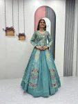 RICH LOOK VICHITRA SILK THREAD AND SEQUENCE WORK TOP LEHENGA WITH KOTI SKY
