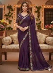 DESIGNER STAR GEORGETTE VAL SEQUENCE EMBROIDERY LACE WORK SAREE WITH UNSTITCHED BLOUSE PURPLE