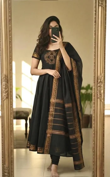 FANCY COTTON JACQUARD WEAVING ZARI BORDER WORK GOWN WITH DUPATTA BLACK