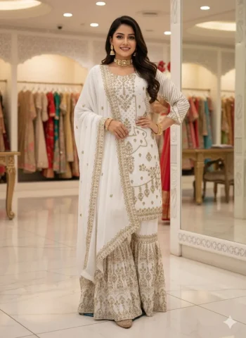 LATEST CHINON EMBROIDERY CODING WORK TOP SHARARA WITH DUPATTA WHITE