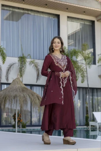 MODERN CHINON SEQUENCE CODING EMBROIDERY WORK TOP BOTTOM WITH DUPATTA WINE