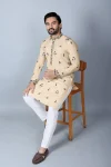 3DESIGNER CHANDERI SILK EMBROIDERY SEQUENCE WORK MEN’S KURTA PAYJAMA FESTIVE WEAR WHOLESALE PRICE ETHNIC GARMENT (3)