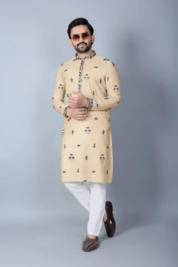 DESIGNER CHANDERI SILK EMBROIDERY SEQUENCE WORK MEN'S KURTA PAYJAMA CREAM