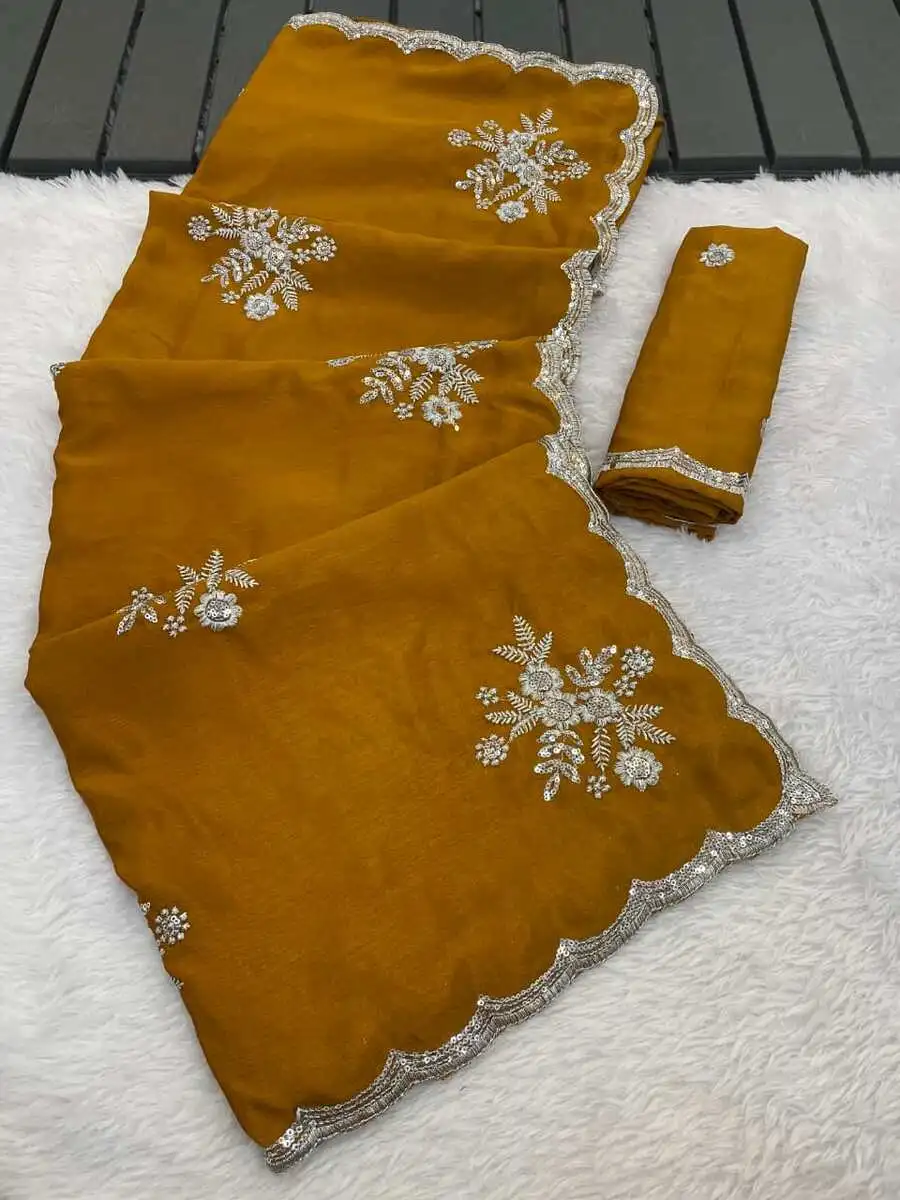 3DESIGNER CHINON WHITE SILVER ZARI EMBROIDERY WORK SAREE WITH UNSTITCHED BLOUSE WEDDING WEAR WHOLESALE PRICE ETHNIC GARMENT (5)