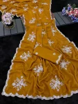 DESIGNER CHINON WHITE SILVER ZARI EMBROIDERY WORK SAREE WITH UNSTITCHED BLOUSE YELLOW