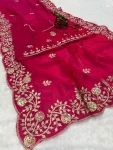 DESIGNER FENDY SATIN EMBROIDERY WORK AND MULTI THREAD WORK WITH ARC CUT WORK BORDER SAREE WITH UNSTITCHED BLOUSE RANI