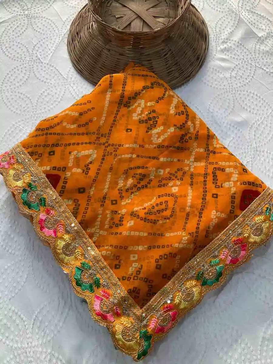 3DESIGNER GEORGETTE BANDHEJ PRINT WITH CUTWORK LACE BORDER WORK SAREE WITH UNSTITCHED BLOUSE FESTIVE WEAR WHOLESALE PRICE ETHNIC GARMENT (3)